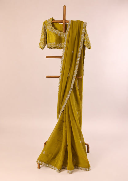Mehndi Green Pearl beads border Organza Saree with Handembroidery Blouse