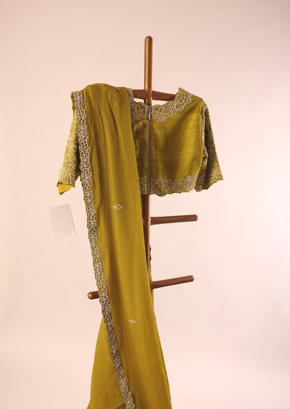 Mehndi Green Pearl beads border Organza Saree with Handembroidery Blouse