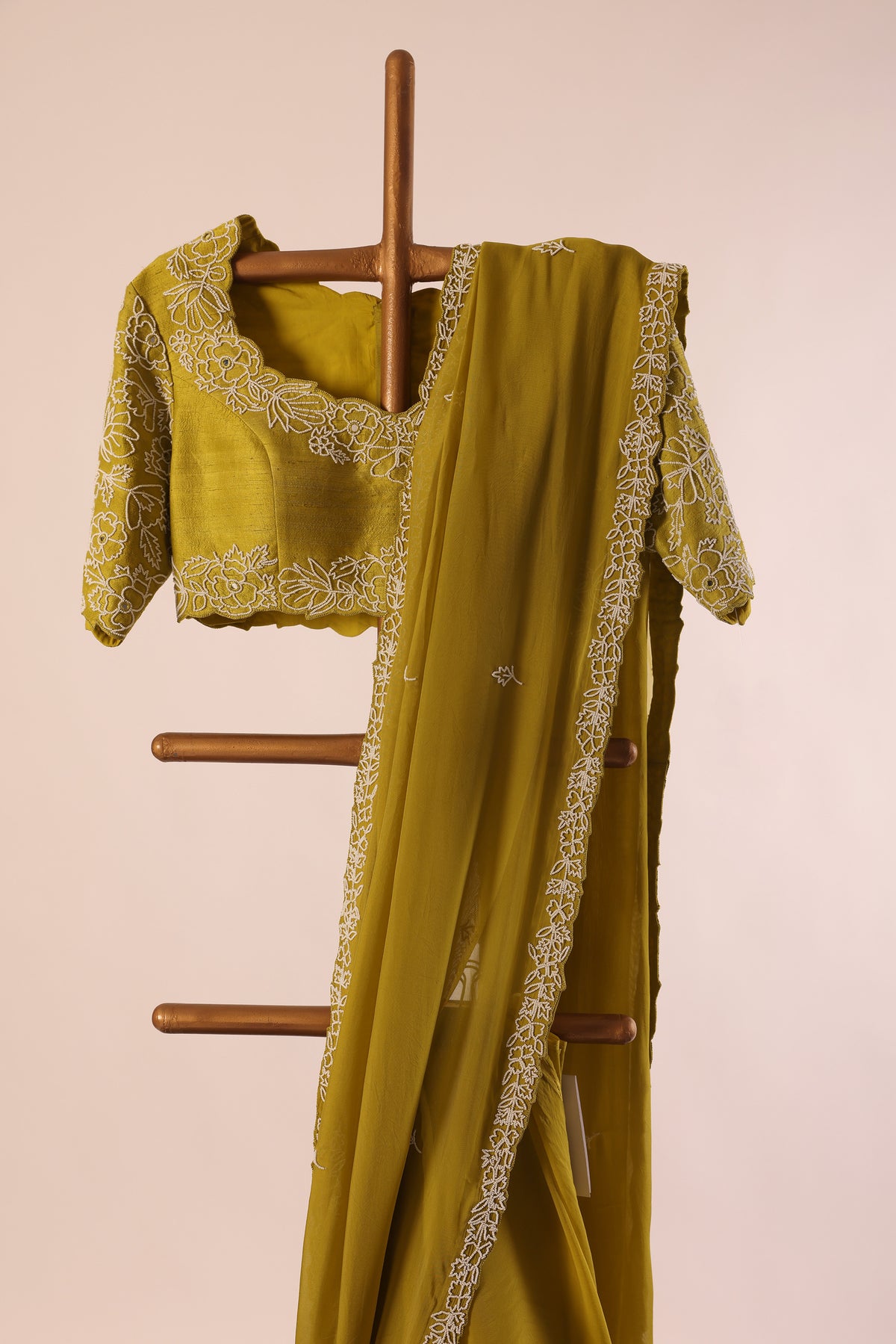 Mehndi Green Pearl beads border Organza Saree with Handembroidery Blouse