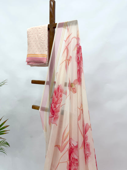 IVORY SINGLE PEONIA GEORGETTE SAREE