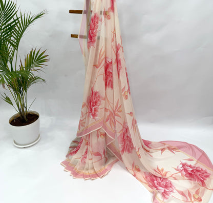 IVORY SINGLE PEONIA GEORGETTE SAREE