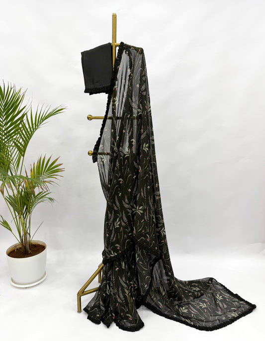 BLACK BOTANICA GEORGETTE SAREE WITH RUFFLES