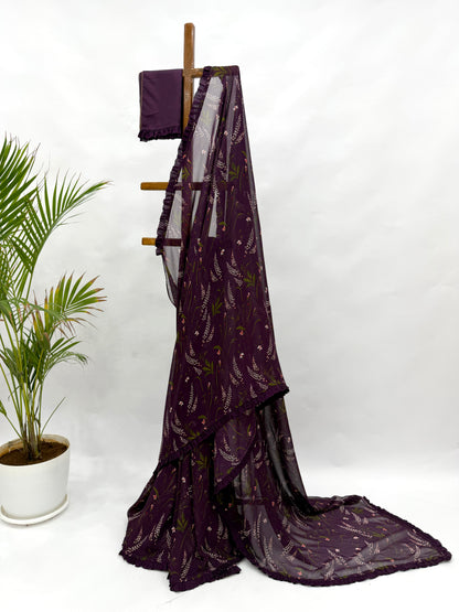 BERRY BOTANICA GEORGETTE SAREE WITH RUFFLES