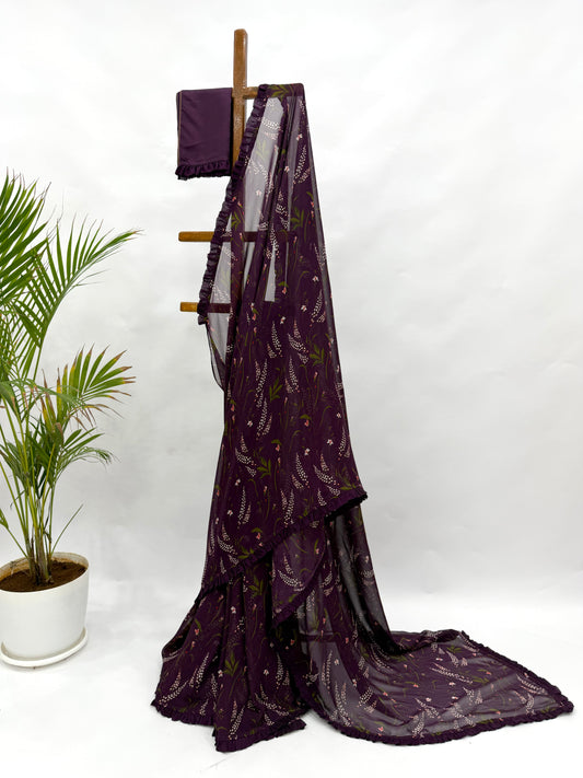 BERRY BOTANICA GEORGETTE SAREE WITH RUFFLES