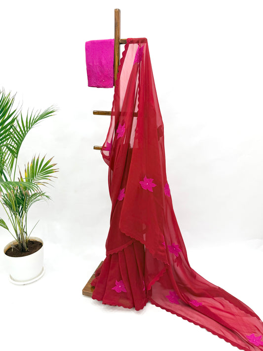 RED WITH HOTPINK VT MOTIFS ORGANZA SAREE