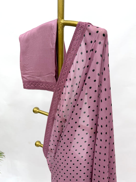 OLDROSE POLKA DOTS CHINNON SAREE WITH LACE