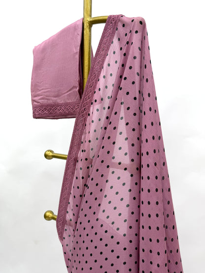 OLDROSE POLKA DOTS CHINNON SAREE WITH LACE
