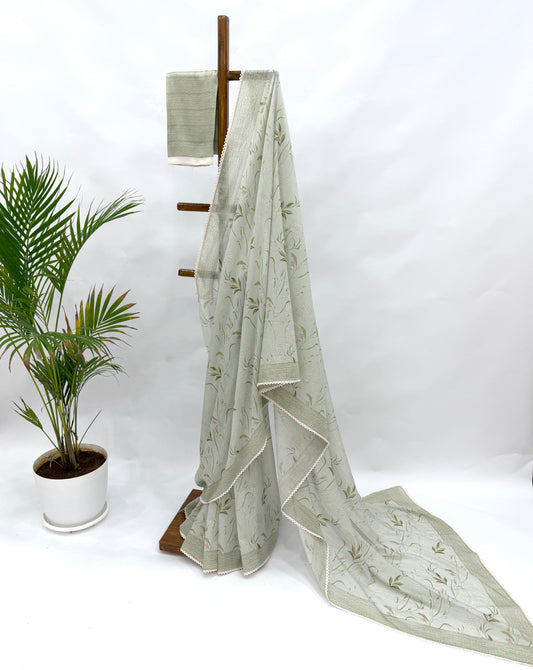 PASTEL GREEN BOTANICA CHANDERI SOFT SILK SAREE