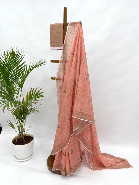 PEACH BOTANICA CHANDERI SOFT SILK SAREE