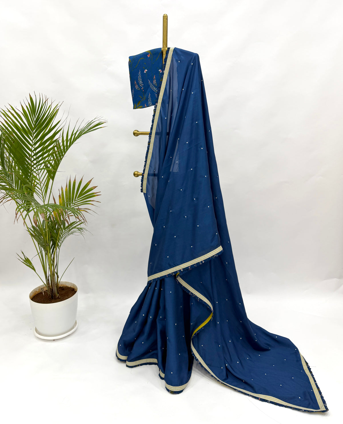 ROYAL BLUE SOFTSILK SAREE RUFFLES BORDER AND BOTANICA FLORAL BLOUSE FABRIC