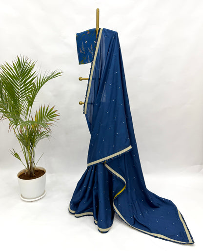 ROYAL BLUE SOFTSILK SAREE RUFFLES BORDER AND BOTANICA FLORAL BLOUSE FABRIC