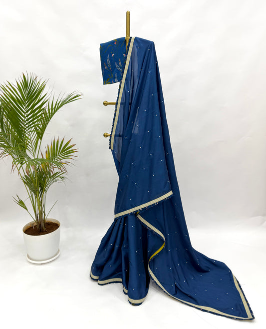 ROYAL BLUE SOFTSILK SAREE RUFFLES BORDER AND BOTANICA FLORAL BLOUSE FABRIC