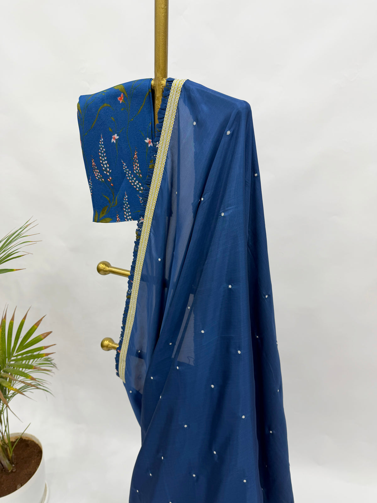 ROYAL BLUE SOFTSILK SAREE RUFFLES BORDER AND BOTANICA FLORAL BLOUSE FABRIC