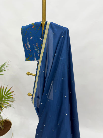 ROYAL BLUE SOFTSILK SAREE RUFFLES BORDER AND BOTANICA FLORAL BLOUSE FABRIC