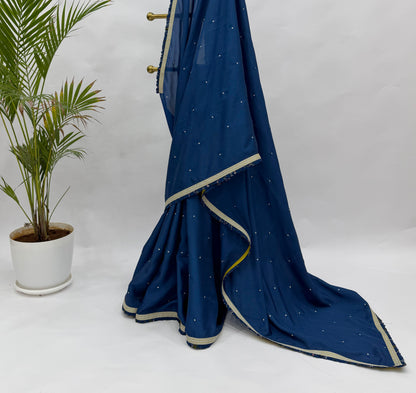 ROYAL BLUE SOFTSILK SAREE RUFFLES BORDER AND BOTANICA FLORAL BLOUSE FABRIC