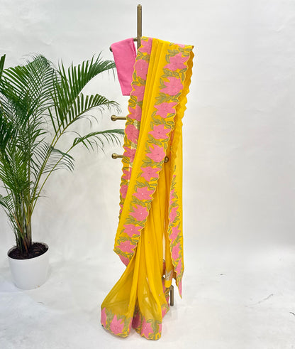 YELLOW VT APPLIQUE BORDER ORGANZA SAREE