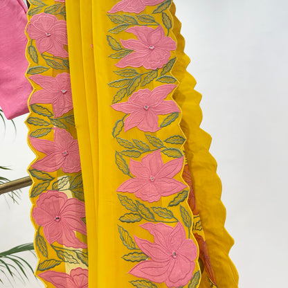 YELLOW VT APPLIQUE BORDER ORGANZA SAREE