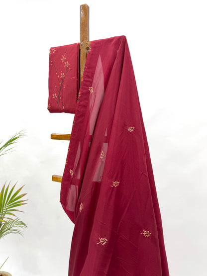 MAROON RED BLOOM BEAD LEAF MOTIFS SAREE