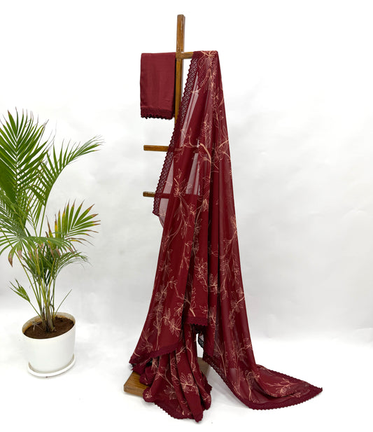 MAROON OT FOLIOLE GEORGETTE SAREE WITH CROCHET LACE