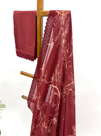 MAROON OT FOLIOLE GEORGETTE SAREE WITH CROCHET LACE