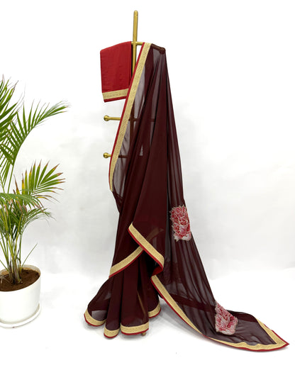 SNUFF BROWN PEONIA PALLU BUTA GEORGETTE SAREE