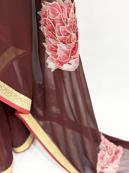 SNUFF BROWN PEONIA PALLU BUTA GEORGETTE SAREE