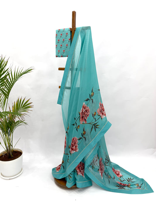 COPPER SULPHATE BLUE PEONIA BORDER ORGANZA SAREE WITH SILK BORDER