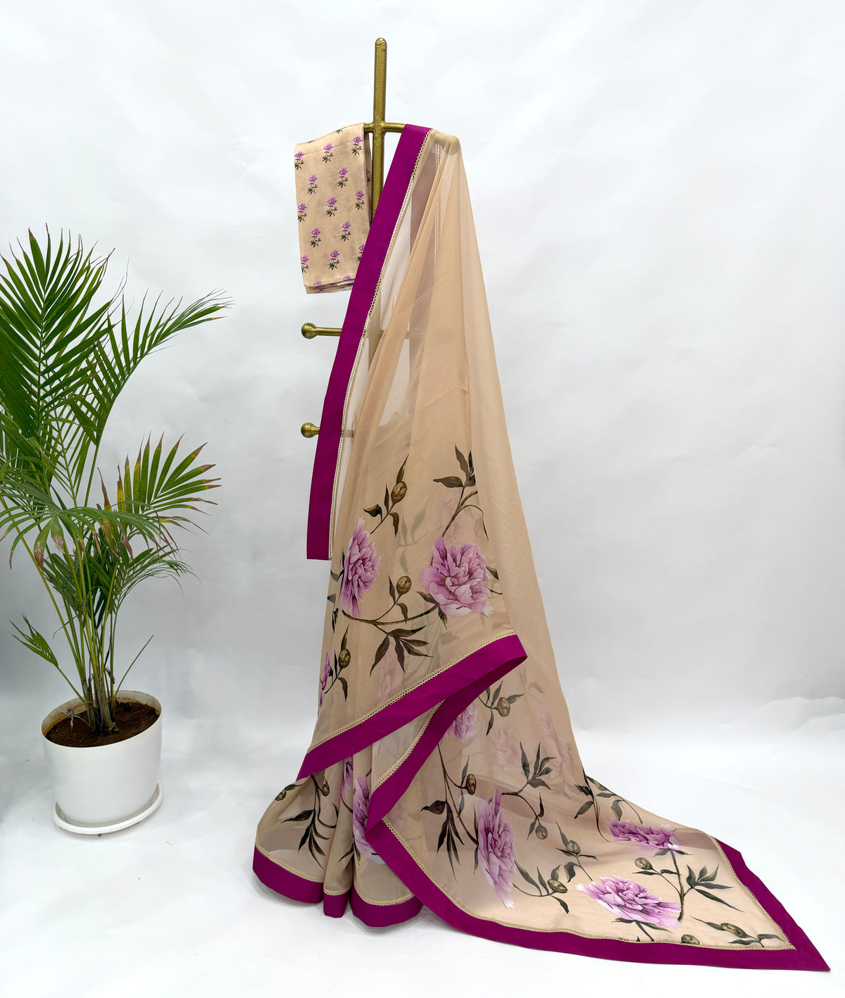 BEIGE PEONIA BORDER ORGANZA SAREE WITH SILK BORDER