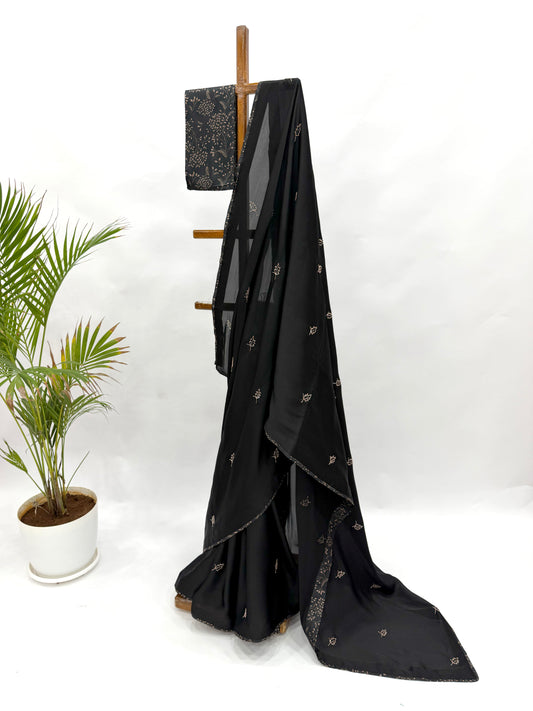 BLACK KUMRI BEADS LEAF BUTAS ORGANZA SAREE