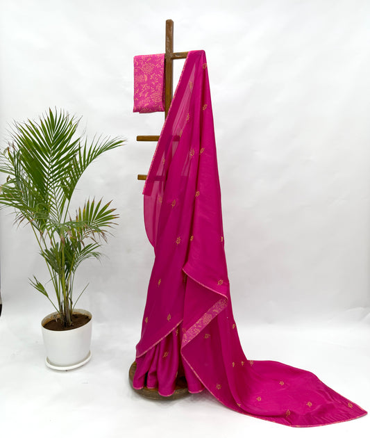HOTPINK BEADS LEAFBUTAS ORGANZA SAREE
