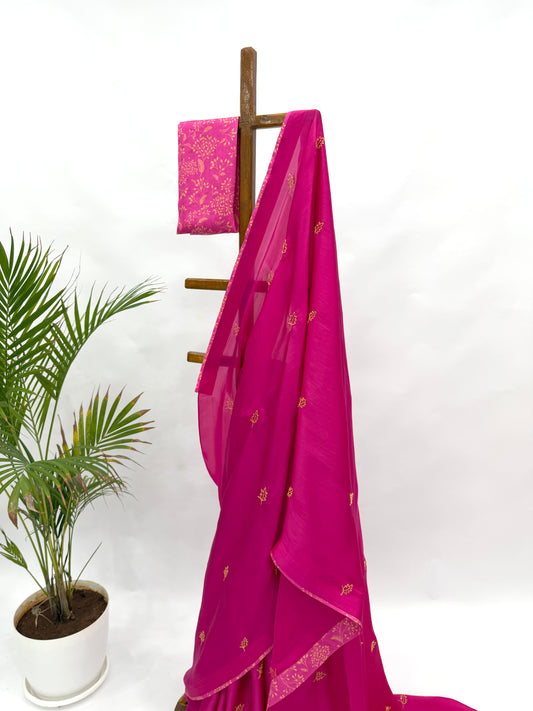 HOTPINK BEADS LEAFBUTAS ORGANZA SAREE