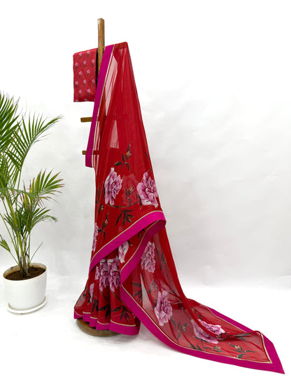 RED PEONIA BORDER ORGANZA SAREE