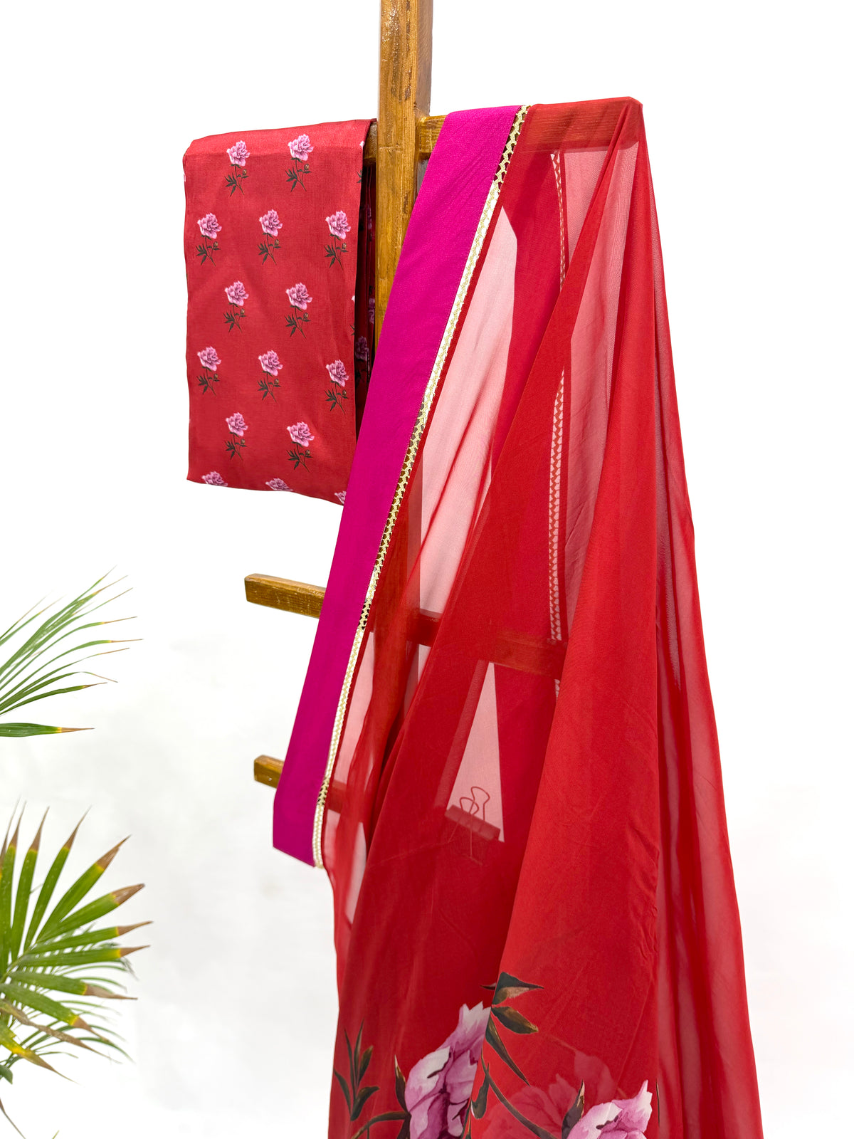 RED PEONIA BORDER ORGANZA SAREE