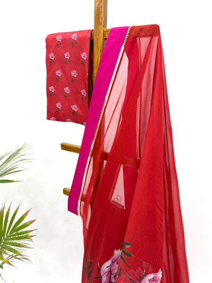 RED PEONIA BORDER ORGANZA SAREE