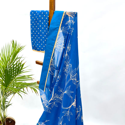ROYAL BLUE OT FOLIOLE GEORGETTE SAREE WITH POLKA BLOUSE FABRIC