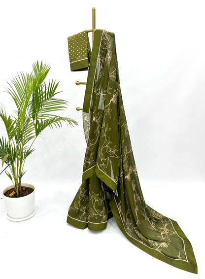 MEHNDI GREEN OT FOLIOLE GEORGETTE SAREE WITH POLKA BLOUSE FABRIC