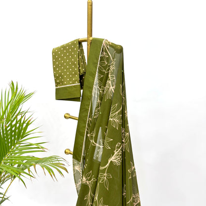 MEHNDI GREEN OT FOLIOLE GEORGETTE SAREE WITH POLKA BLOUSE FABRIC