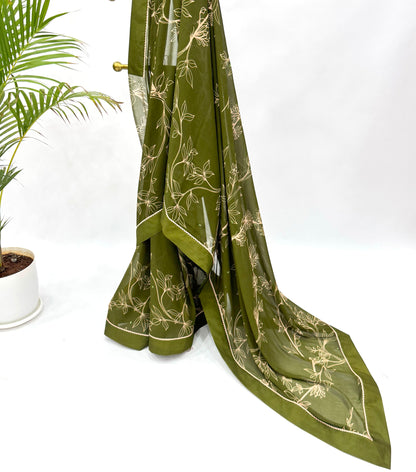 MEHNDI GREEN OT FOLIOLE GEORGETTE SAREE WITH POLKA BLOUSE FABRIC