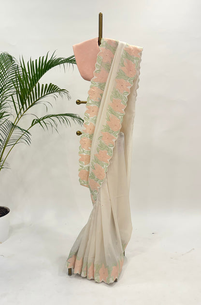 OFFWHITE VT APPLIQUE BORDER CHANDERI SILK SAREE
