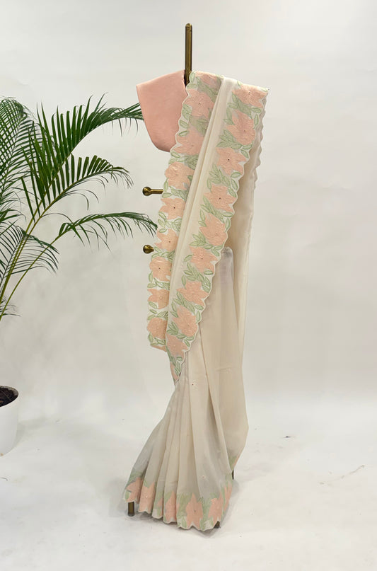 OFFWHITE VT APPLIQUE BORDER CHANDERI SILK SAREE