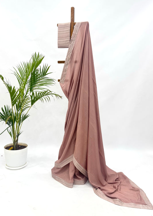 ROSE BROWN SOFT SILK STRIPES BORDER SAREE