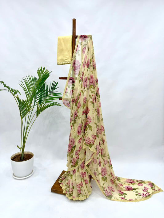 BUTTER YELLOW FLOWER BUNCH GEORGETTE SAREE