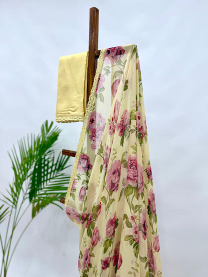 BUTTER YELLOW FLOWER BUNCH GEORGETTE SAREE