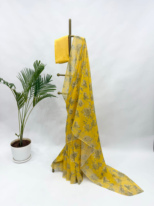 YELLOW SINGLE FLOWER BUNCH CREPE SILKS SAREE