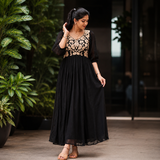 Black Applique crushed cotton dress