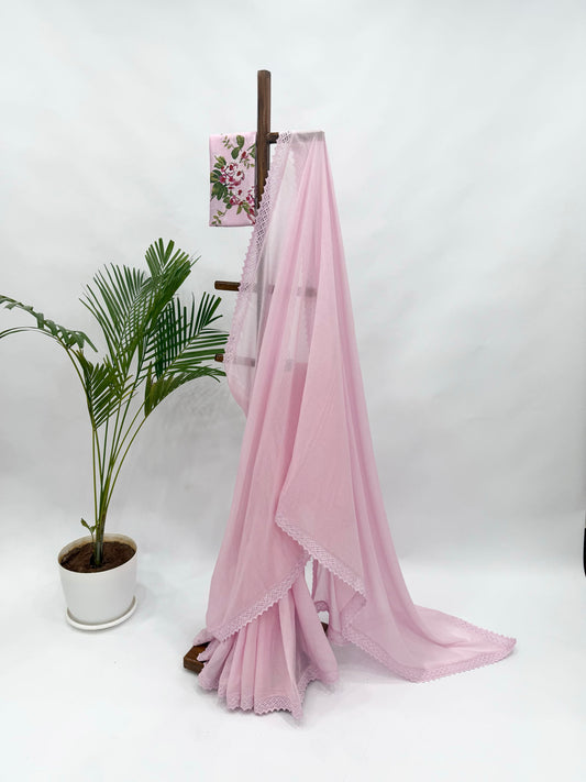 LIGHT PINK KOTA SAREE WITH PINK FLOWER BUNCH BLOUSE FABRIC