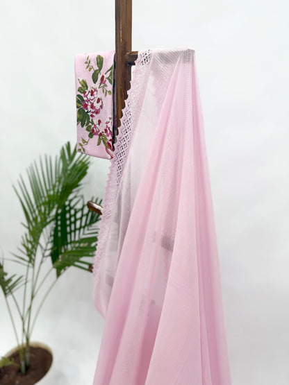 LIGHT PINK KOTA SAREE WITH PINK FLOWER BUNCH BLOUSE FABRIC