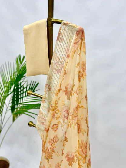 MUSKMELON SINGLE FLOWER BUNCH CREPE SILKS SAREE