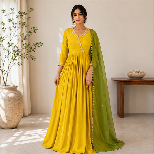 Yellow Knot Embroidery Angrakha Anarkali Set