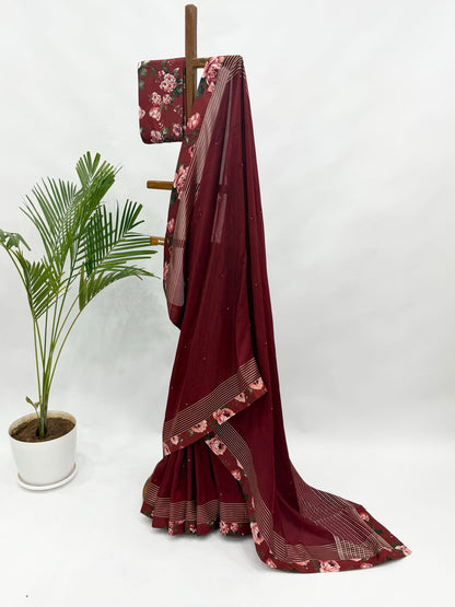 MAROON CREPE SILK SAREE WITH BEADS EMBELLISHMENT WITH FLORAL BLOUSE FABRIC